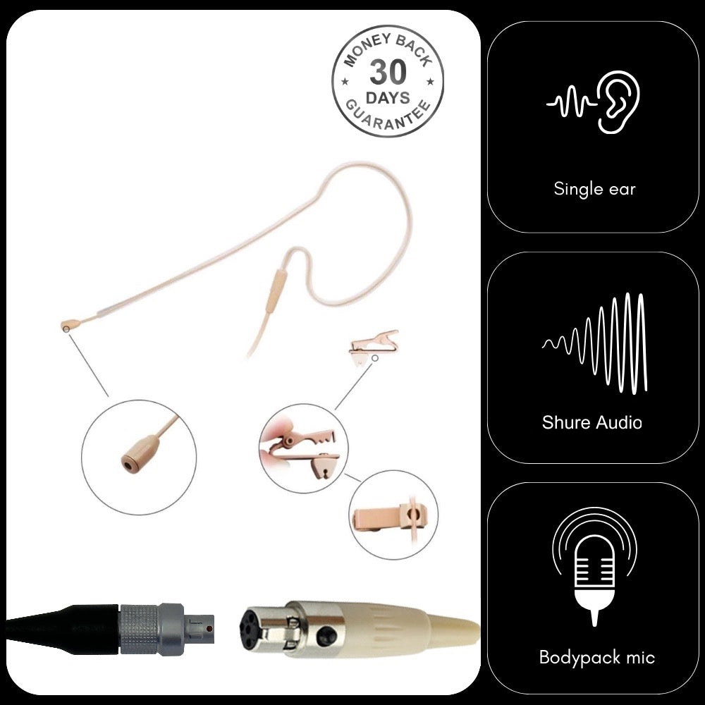 Single Earset Ear Hook Microphone for Shure Body Pack Transmitters 4 Pin Mini XLR Lemo 3 pin