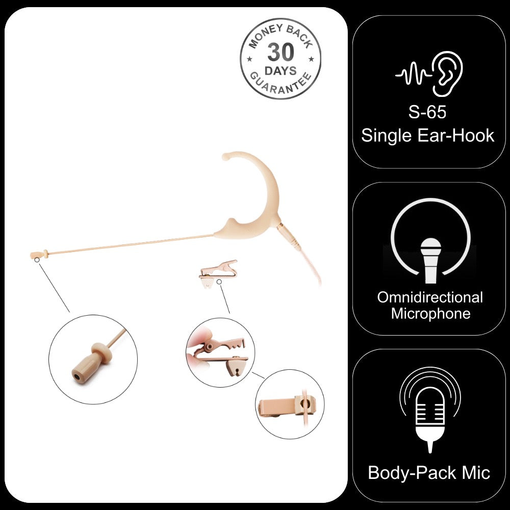 Single Ear Hook Microphone Omnidirectional Earset with Detachable Cable to fit All Body Pack Transmitters