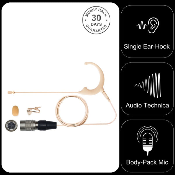 Omnidirectional Single Ear Hook Earset Microphone with Detachable Cable for Audio Technica Body Pack Transmitters
