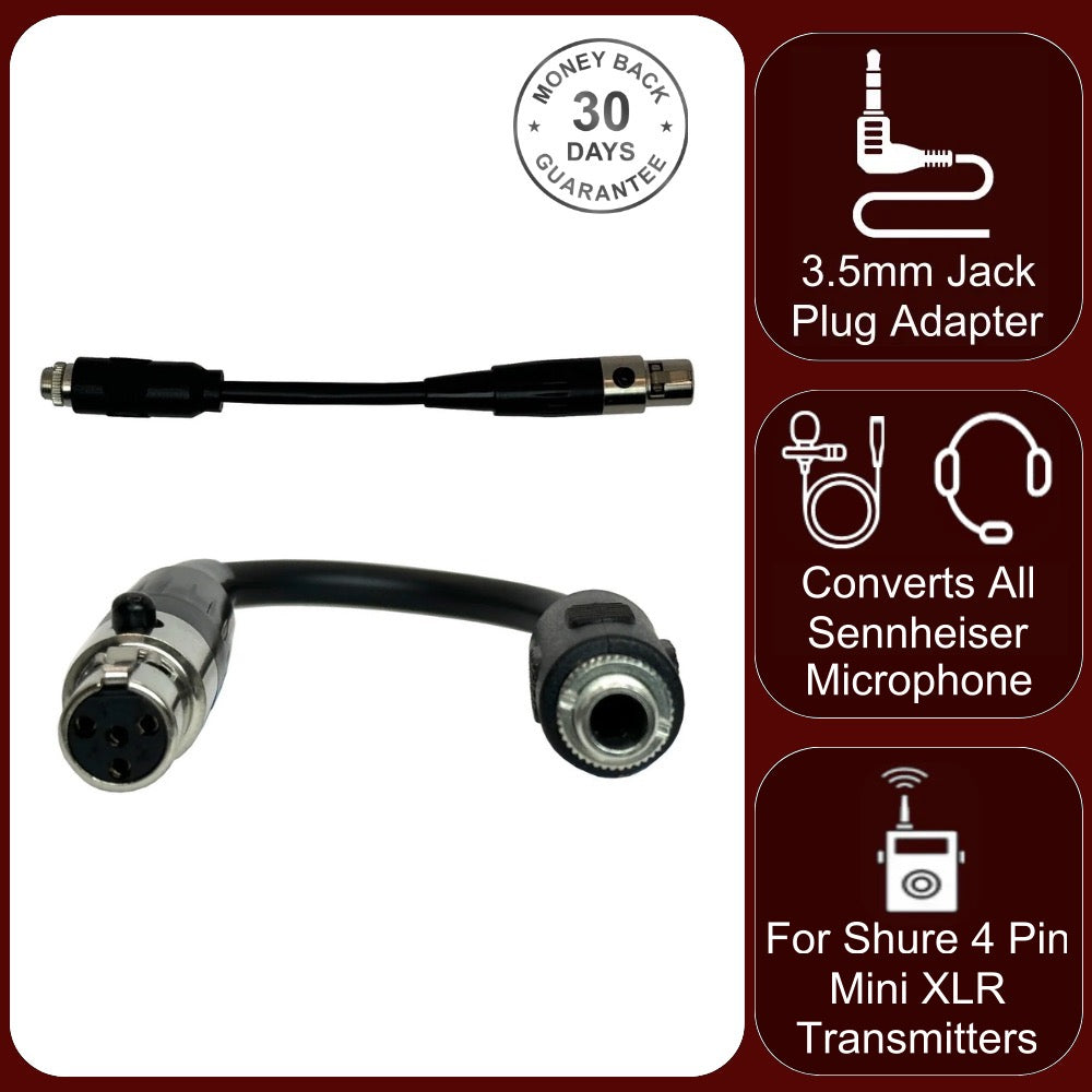 Microphone Adapter to Convert Sennheiser 3.5mm Jack Plug to Shure TQG 4 Pin Mini XLR Connector for Body Pack Transmitter