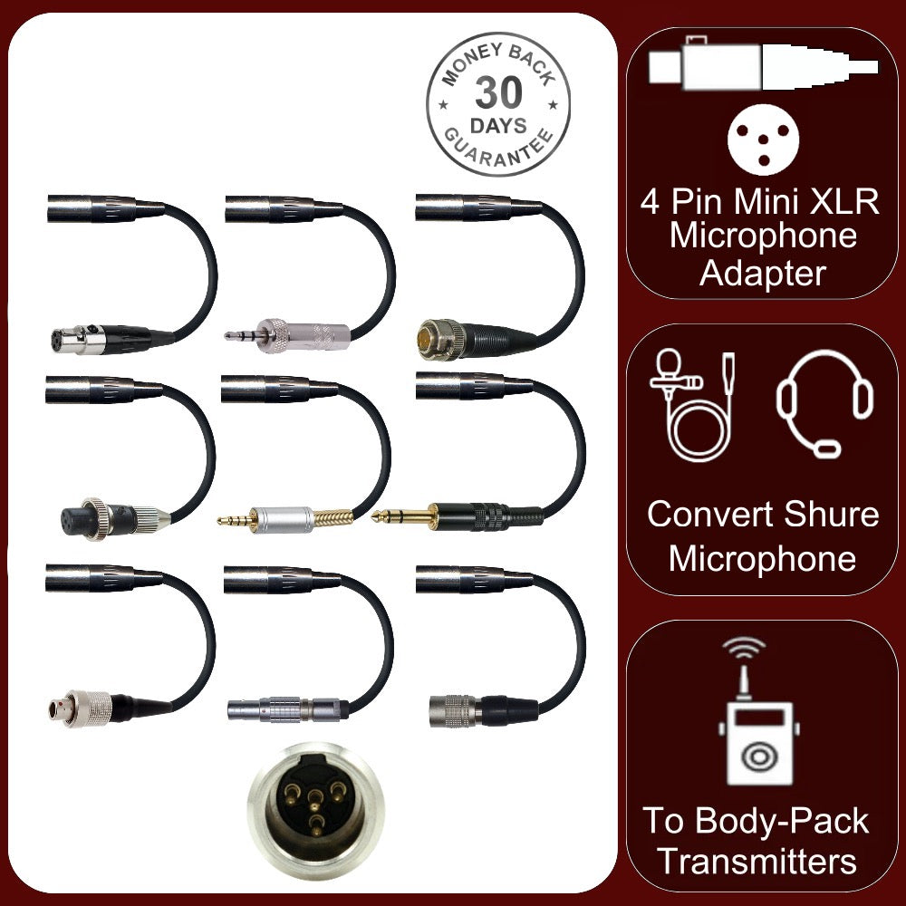 Microphone Adapter to Convert Shure TQG 4 pin mini XLR Lavaliere Ear-hook Mic to Different Body Pack Transmitter Connector