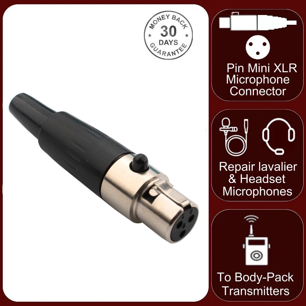 TA3F 3 Pin Mini XLR In-Line Female Socket Plug Connector and Audio Microphone Bodypack