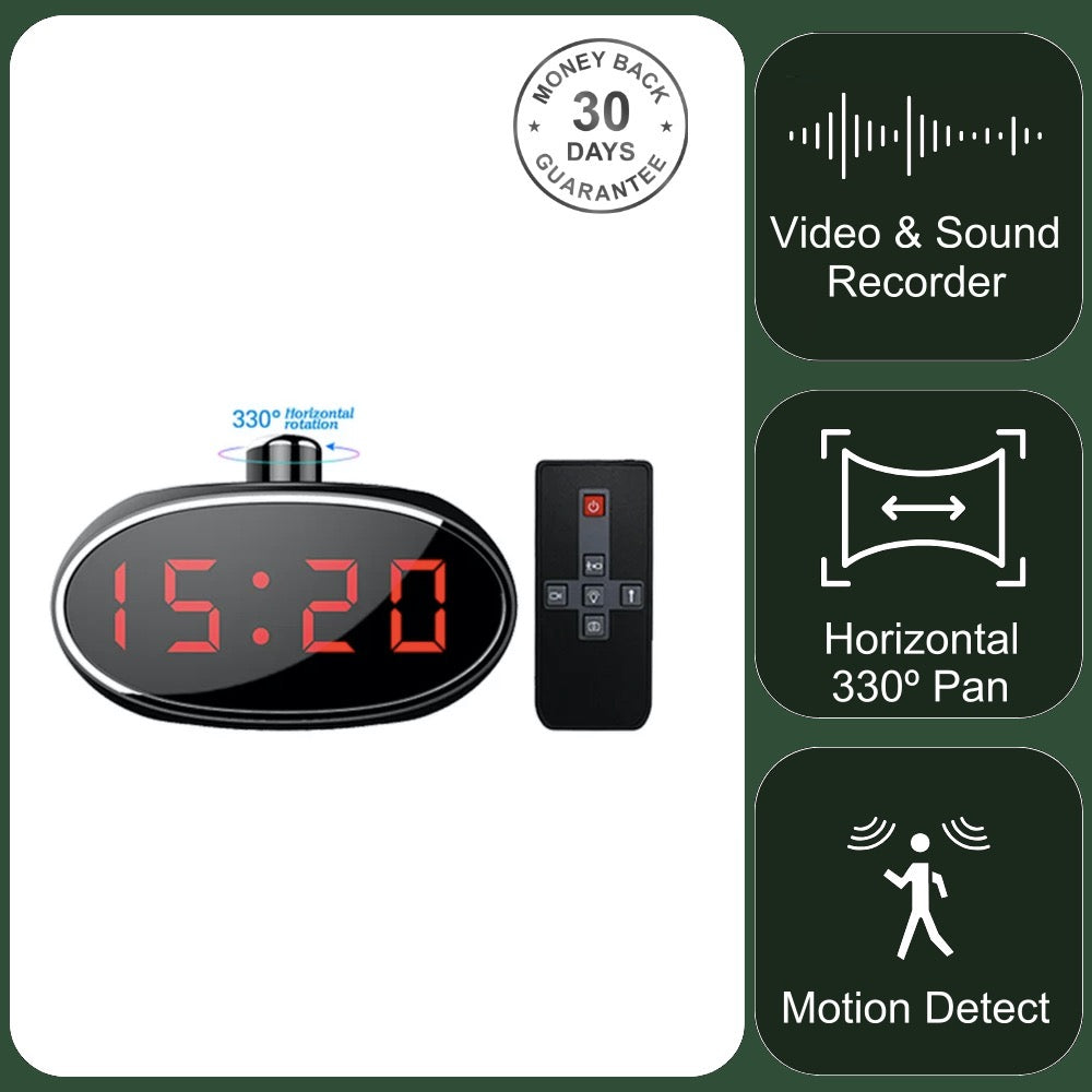 LED Clock Camera HD Video Recorder 330º Horizontal Pan Motion Detection and Sound