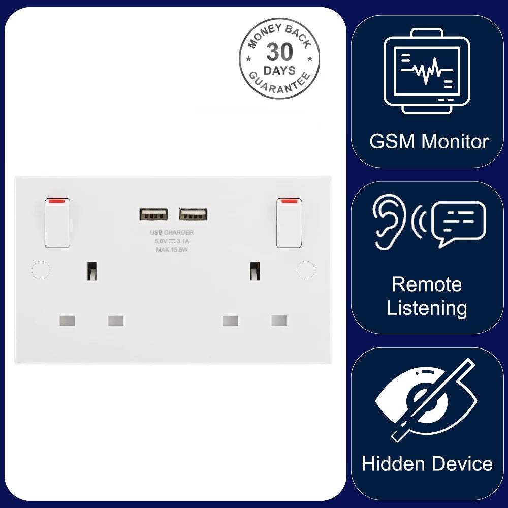 Wireless GSM Audio Monitor & Sound Recorder in Double Wall Socket with Dual USB Phone Charger