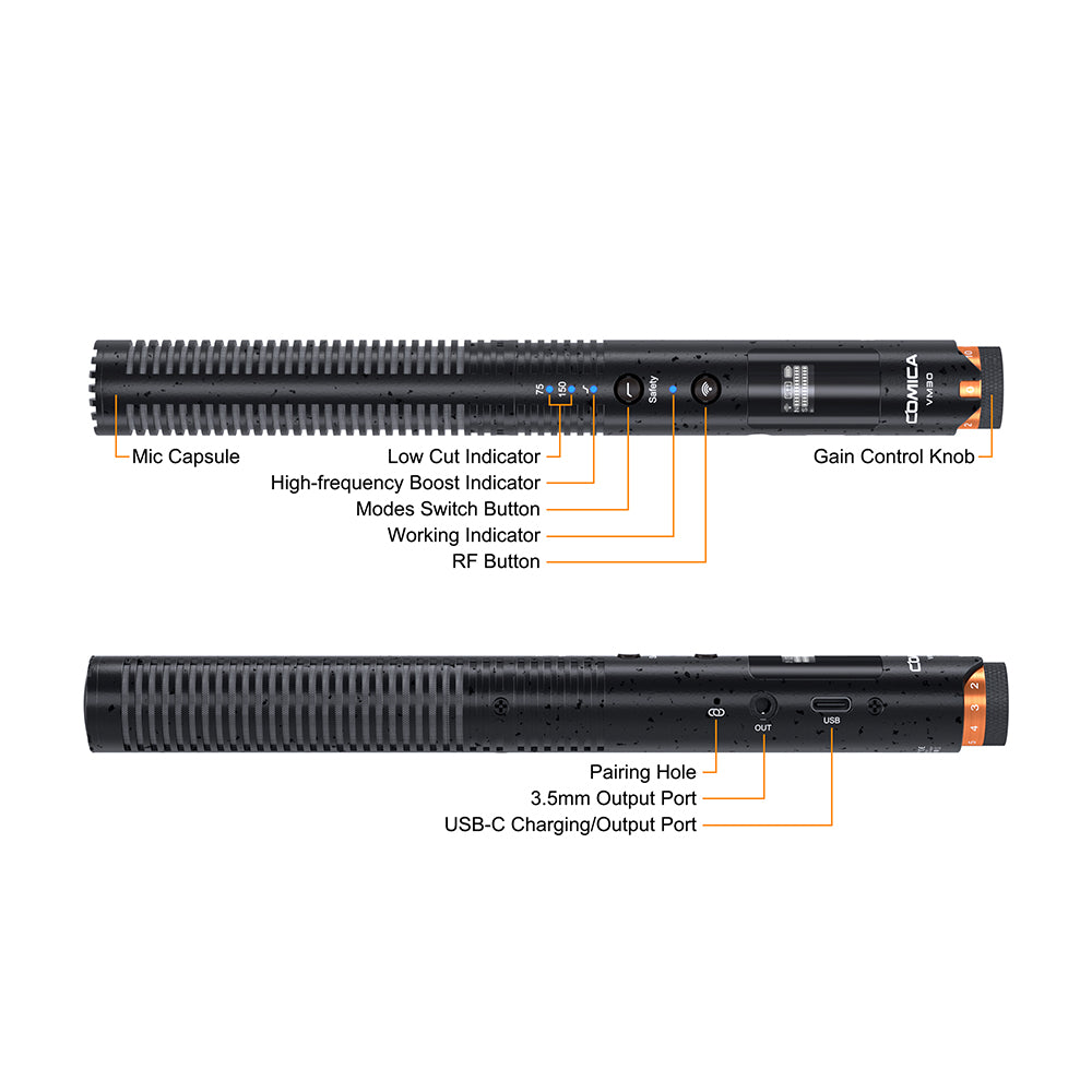 Comica VM30 Shotgun Microphone Super Cardioid Condenser Wireless 100 Metre Range Built In Recorder