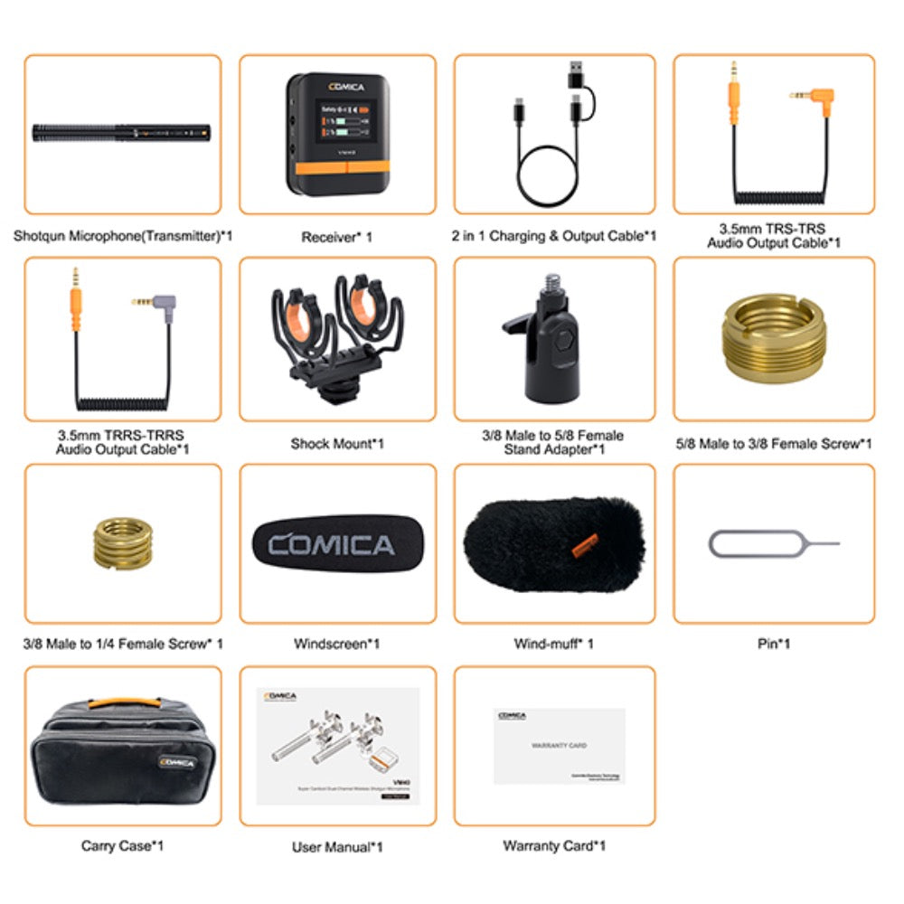 VM40 Comica Shotgun Microphone Super Cardioid Dual Channel Wireless 200 Metre Range Built In Recorder