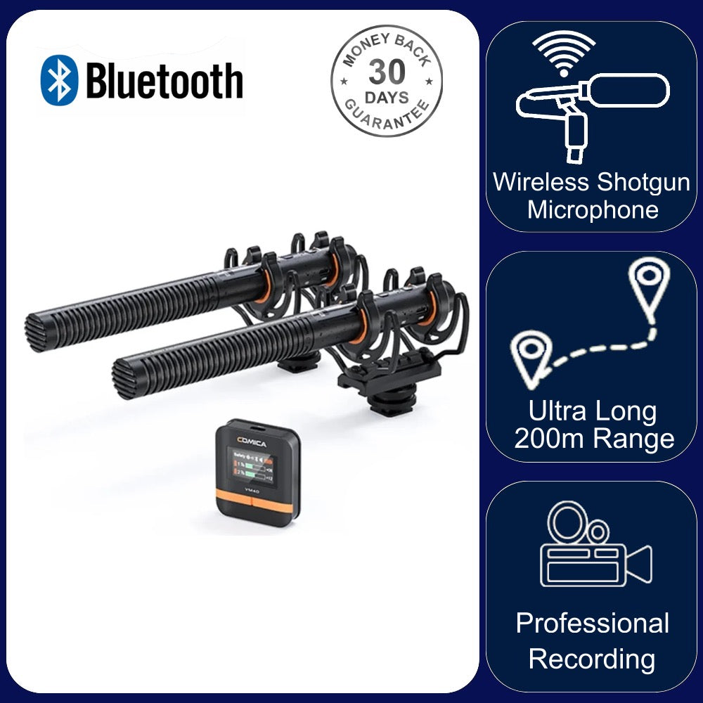 VM40 Comica Shotgun Microphone Super Cardioid Dual Channel Wireless 200 Metre Range Built In Recorder