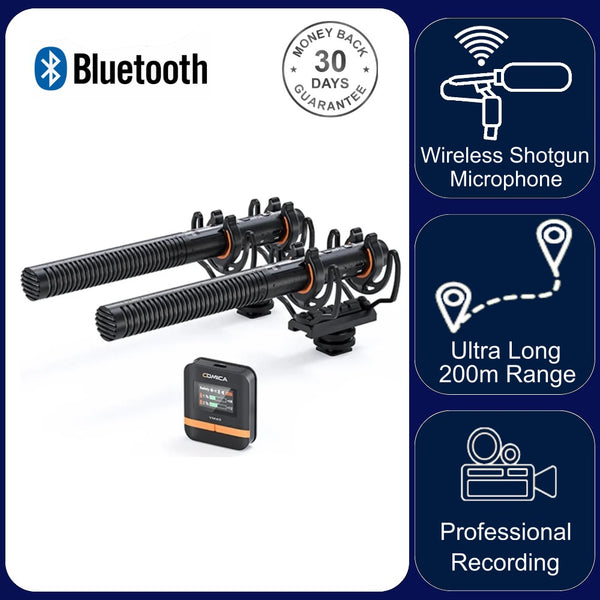 VM40 Comica Shotgun Microphone Super Cardioid Dual Channel Wireless 200 Metre Range Built In Recorder