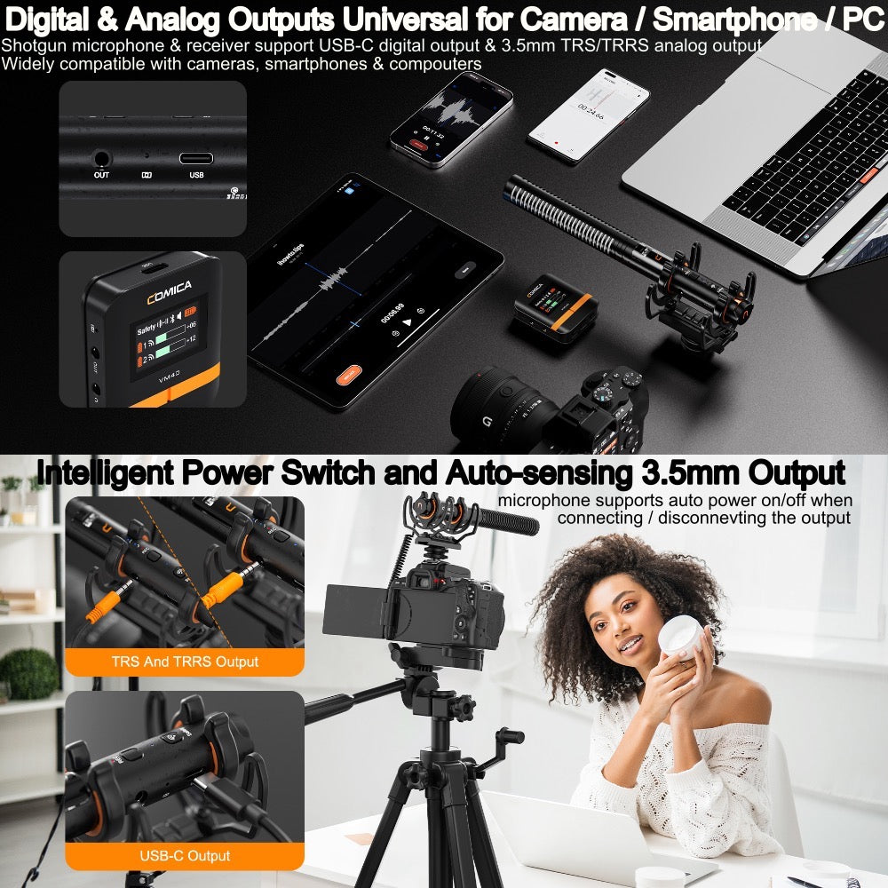 VM40 Comica Shotgun Microphone Super Cardioid Dual Channel Wireless 200 Metre Range Built In Recorder