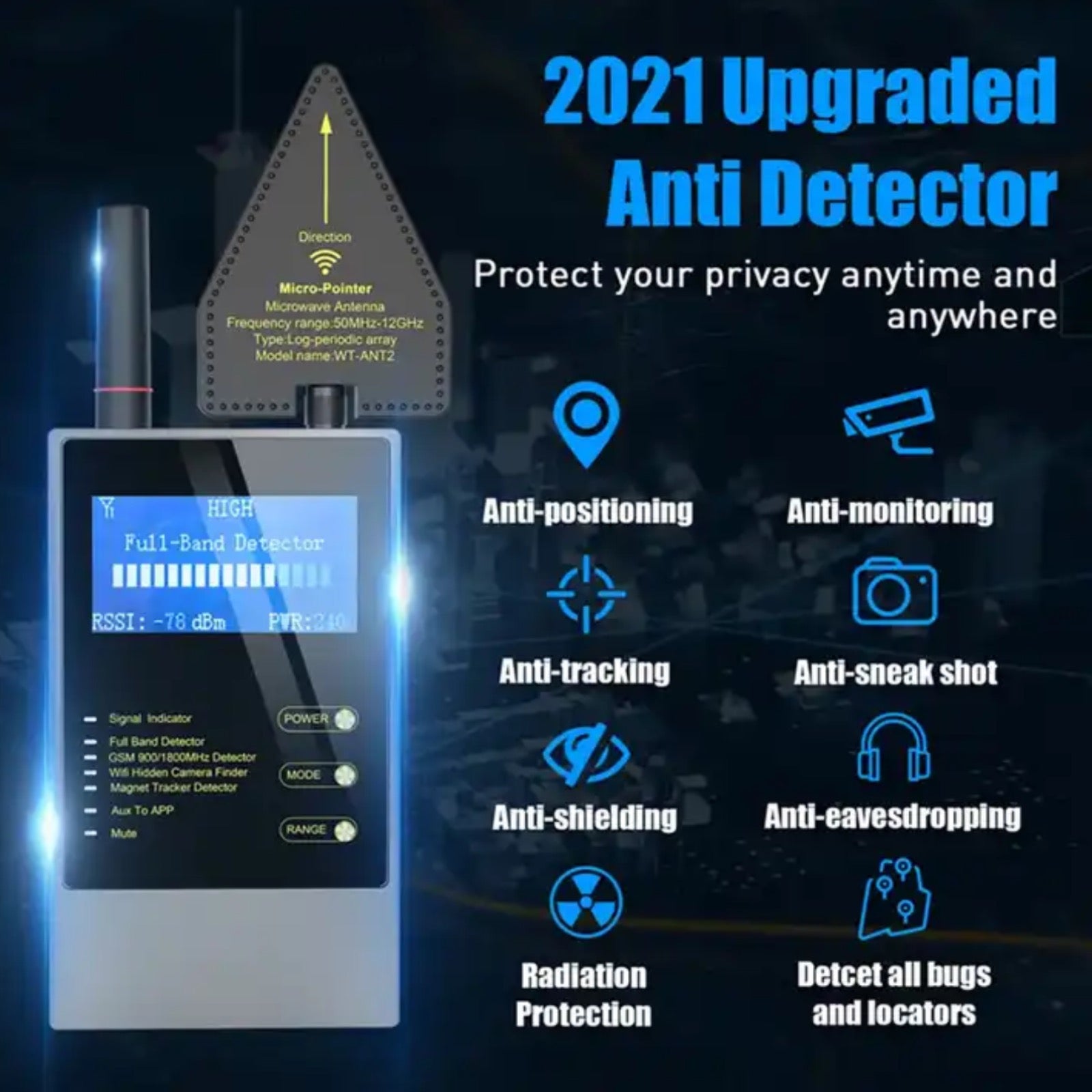 WT10 Anti Bug Sweep Full Band Detector GSM Audio GPS Tracker WIFI Hidd ...