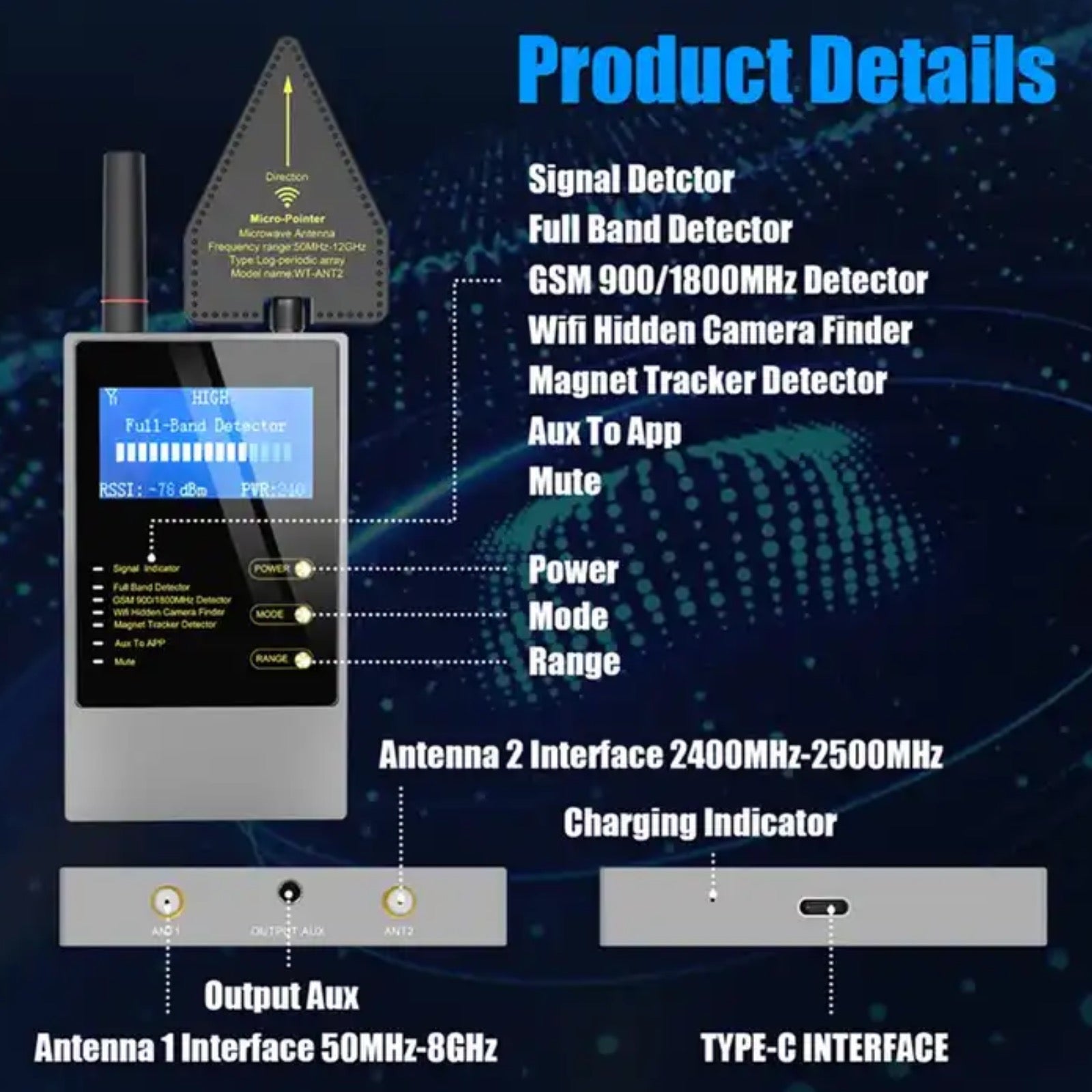 WT10 Anti Bug Sweep Full Band Detector GSM Audio GPS Tracker WIFI Hidd ...