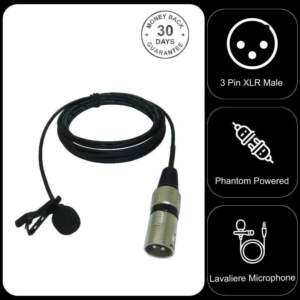 Phantom Powered Microphone Lavaliere Lapel XLR 3 Pin Omnidirectional Mic 9 Metre Cable