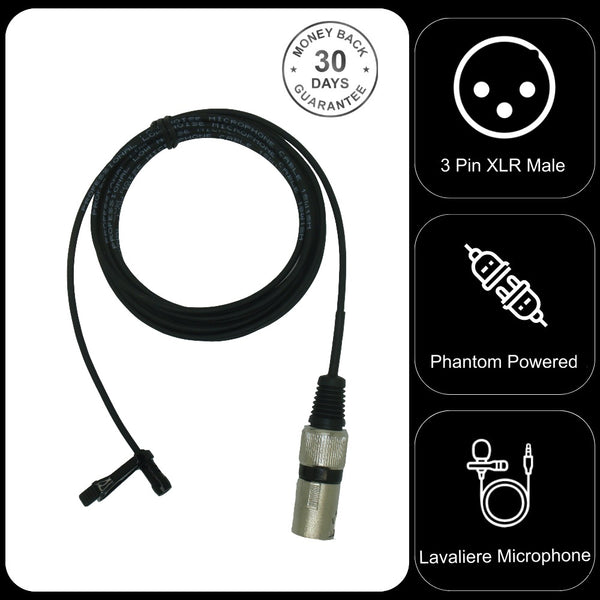 Phantom Powered Lavalier Microphone XLR 3 Pin Male Plug Mini Clip On Lapel Mic 6 Metre Cable