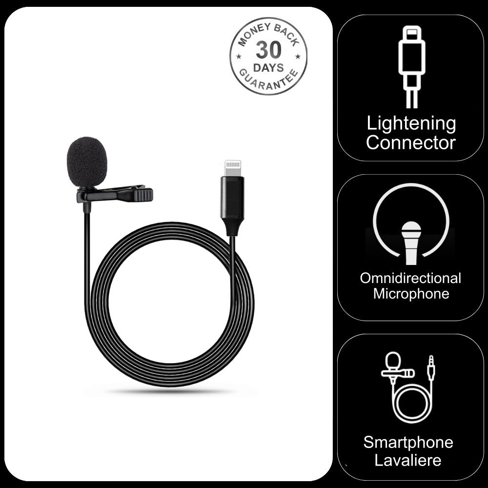 Clip On Lapel Lavalier Microphone for iPhone iPad Lightning Connector 2m, 4m, 6 metre cable length