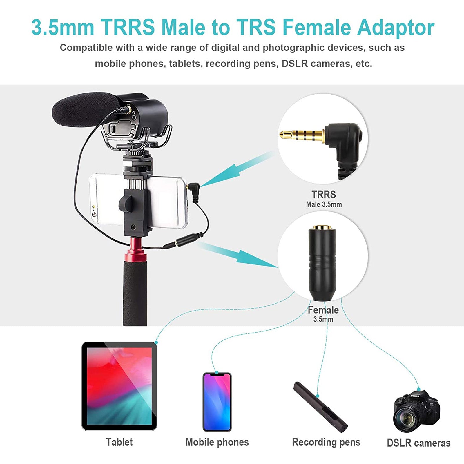 Smartphone or Tablet Microphone Adapter 3.5mm TRS Female Jack Socket to TRRS Male Jack Plug
